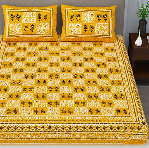 SheetKart Cameo 144 TC 100% Cotton Double Bedsheet with 2 Pillow Covers, Yellow Moss, Floral