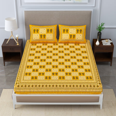 SheetKart Cameo 144 TC 100% Cotton Double Bedsheet with 2 Pillow Covers, Yellow Moss, Floral