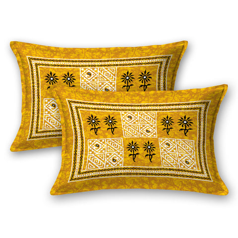 SheetKart Cameo 144 TC 100% Cotton Double Bedsheet with 2 Pillow Covers, Yellow Moss, Floral