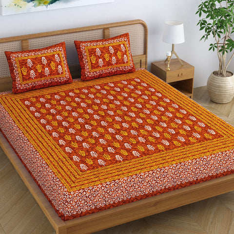 SheetKart Cotton Jaipuri Traditonal Sanganeri Printed Double Bedsheet King Size with 2 Pillow Covers, Red 