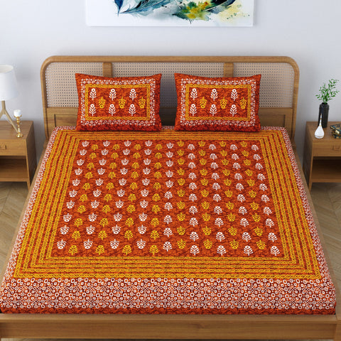 SheetKart Cotton Jaipuri Traditonal Sanganeri Printed Double Bedsheet King Size with 2 Pillow Covers, Red 