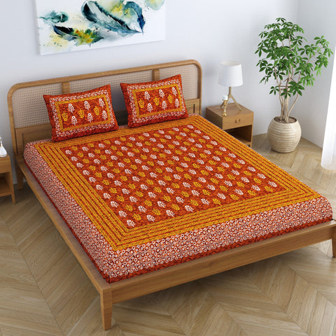 SheetKart Cotton Jaipuri Traditonal Sanganeri Printed Double Bedsheet King Size with 2 Pillow Covers, Red 