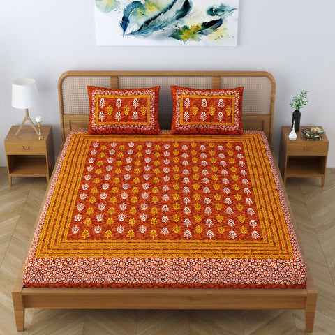 SheetKart Cotton Jaipuri Traditonal Sanganeri Printed Double Bedsheet King Size with 2 Pillow Covers, Red 