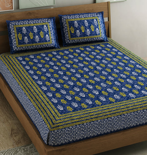 SheetKart 144 TC Motif Printed Jaipuri Cotton Double Bedsheet with 2 Pillow Covers, Sharp Navy Blue