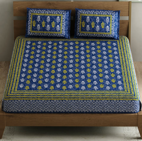 SheetKart 144 TC Motif Printed Jaipuri Cotton Double Bedsheet with 2 Pillow Covers, Sharp Navy Blue