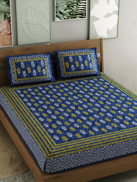 SheetKart 144 TC Motif Printed Jaipuri Cotton Double Bedsheet with 2 Pillow Covers, Sharp Navy Blue