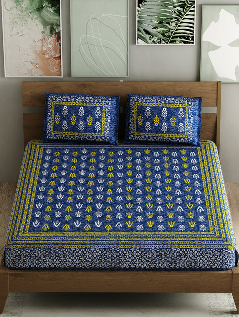 SheetKart 144 TC Motif Printed Jaipuri Cotton Double Bedsheet with 2 Pillow Covers, Sharp Navy Blue