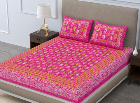 SheetKart Jaipuri Traditonal Sanganeri Print 144 TC Cotton Double Bedsheet with 2 Pillow Covers, Pink