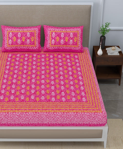 SheetKart Jaipuri Traditonal Sanganeri Print 144 TC Cotton Double Bedsheet with 2 Pillow Covers, Pink
