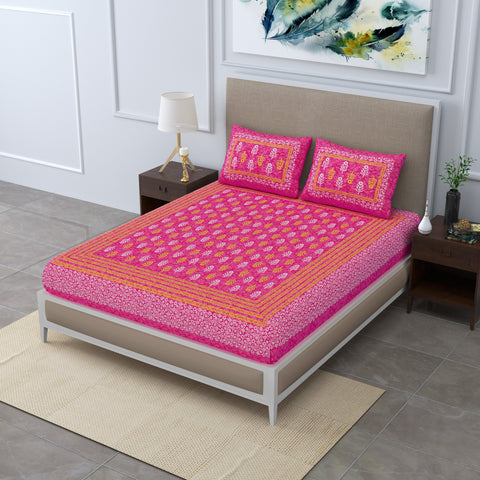 SheetKart Jaipuri Traditonal Sanganeri Print 144 TC Cotton Double Bedsheet with 2 Pillow Covers, Pink