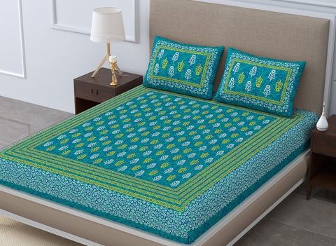 SheetKart Jaipuri Traditonal Sanganeri Print 144 TC Cotton Double Bedsheet with 2 Pillow Covers, Sea Green