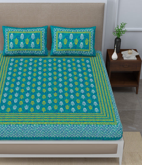 SheetKart Jaipuri Traditonal Sanganeri Print 144 TC Cotton Double Bedsheet with 2 Pillow Covers, Sea Green