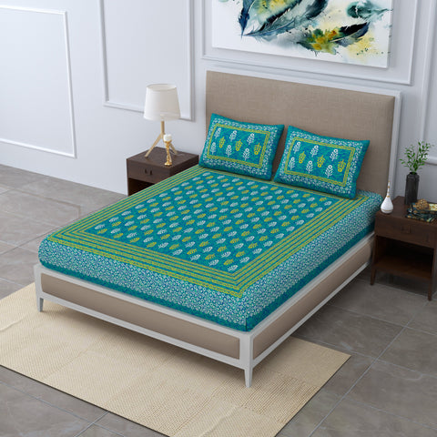 SheetKart Jaipuri Traditonal Sanganeri Print 144 TC Cotton Double Bedsheet with 2 Pillow Covers, Sea Green
