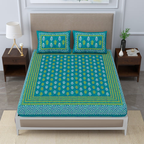 SheetKart Jaipuri Traditonal Sanganeri Print 144 TC Cotton Double Bedsheet with 2 Pillow Covers, Sea Green