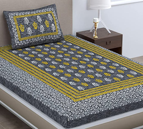SheetKart 144 TC Motif Printed Jaipuri Cotton Single Bedsheet with Pillow Cover, Grey