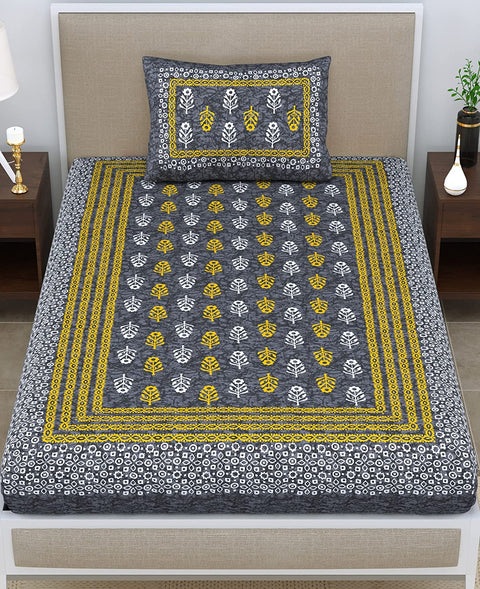 SheetKart 144 TC Motif Printed Jaipuri Cotton Single Bedsheet with Pillow Cover, Grey