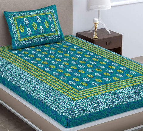 SheetKart 144 TC Motif Printed Jaipuri Cotton Single Bedsheet with Pillow Cover, Sea Green