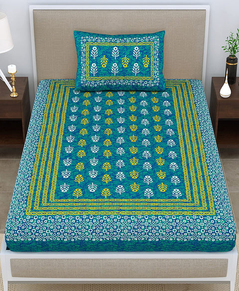 SheetKart 144 TC Motif Printed Jaipuri Cotton Single Bedsheet with Pillow Cover, Sea Green