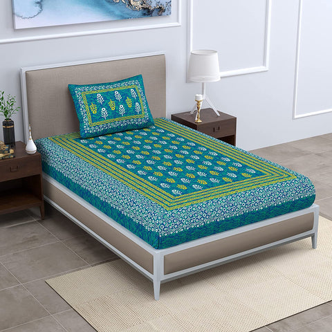 SheetKart 144 TC Motif Printed Jaipuri Cotton Single Bedsheet with Pillow Cover, Sea Green