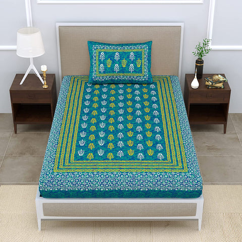SheetKart 144 TC Motif Printed Jaipuri Cotton Single Bedsheet with Pillow Cover, Sea Green