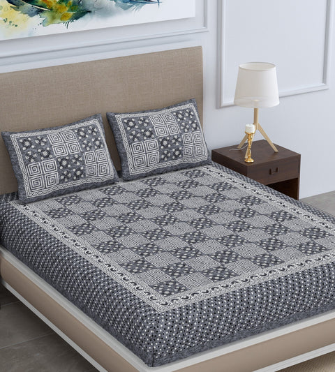 
SheetKart Mist 144 TC 100% Cotton Double Bedsheet Jaipuri Printed with 2 Pillow Covers, Grey
