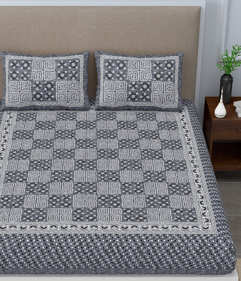 
SheetKart Mist 144 TC 100% Cotton Double Bedsheet Jaipuri Printed with 2 Pillow Covers, Grey
