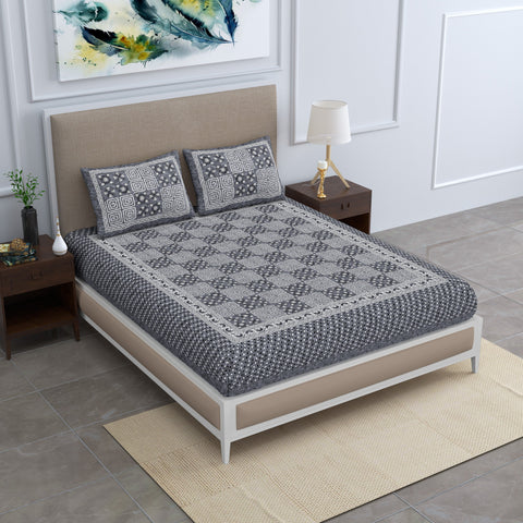  
SheetKart Mist 144 TC 100% Cotton Double Bedsheet Jaipuri Printed with 2 Pillow Covers, Grey