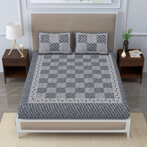  
SheetKart Mist 144 TC 100% Cotton Double Bedsheet Jaipuri Printed with 2 Pillow Covers, Grey