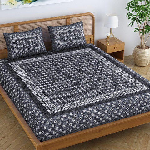 SheetKart 144 TC 100% Cotton Zen Floral Printed Jaipuri Bedsheet for Double Bed King Size with 2 Pillow Covers - Garden Grey