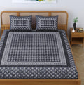 SheetKart 144 TC 100% Cotton Zen Floral Printed Jaipuri Bedsheet for Double Bed King Size with 2 Pillow Covers - Garden Grey