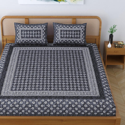 SheetKart 144 TC 100% Cotton Zen Floral Printed Jaipuri Bedsheet for Double Bed King Size with 2 Pillow Covers - Garden Grey