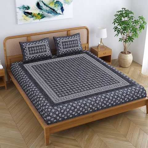 SheetKart 144 TC 100% Cotton Zen Floral Printed Jaipuri Bedsheet for Double Bed King Size with 2 Pillow Covers - Garden Grey