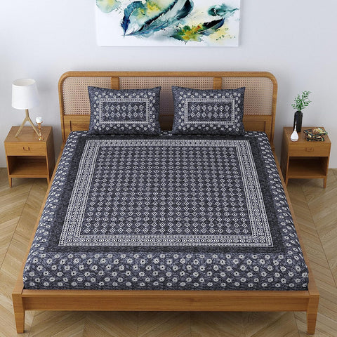 SheetKart 144 TC 100% Cotton Zen Floral Printed Jaipuri Bedsheet for Double Bed King Size with 2 Pillow Covers - Garden Grey