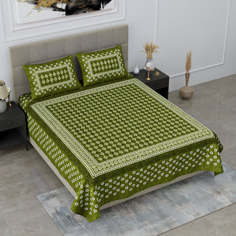 SheetKart Zen 144 TC 100% Cotton Double Bedsheet Jaipuri Printed with 2 Pillow Covers, Green