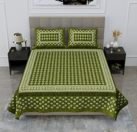 SheetKart Zen 144 TC 100% Cotton Double Bedsheet Jaipuri Printed with 2 Pillow Covers, Green