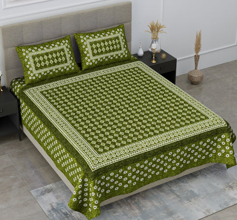 SheetKart Zen 144 TC 100% Cotton Double Bedsheet Jaipuri Printed with 2 Pillow Covers, Green