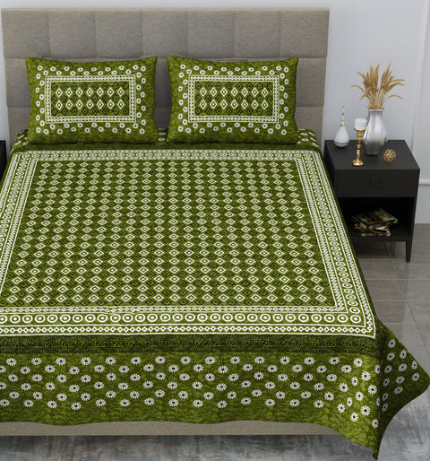 SheetKart Zen 144 TC 100% Cotton Double Bedsheet Jaipuri Printed with 2 Pillow Covers, Green