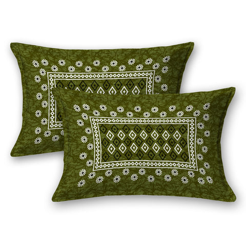 SheetKart Zen 144 TC 100% Cotton Double Bedsheet Jaipuri Printed with 2 Pillow Covers, Green