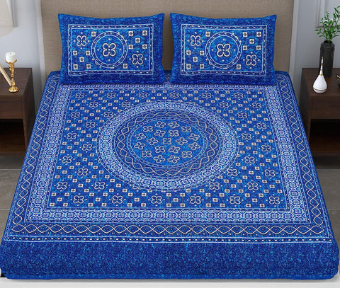 SheetKart Summer 144 TC 100% Cotton Double Bedsheet Jaipuri Printed with 2 Pillow Covers, Blue 