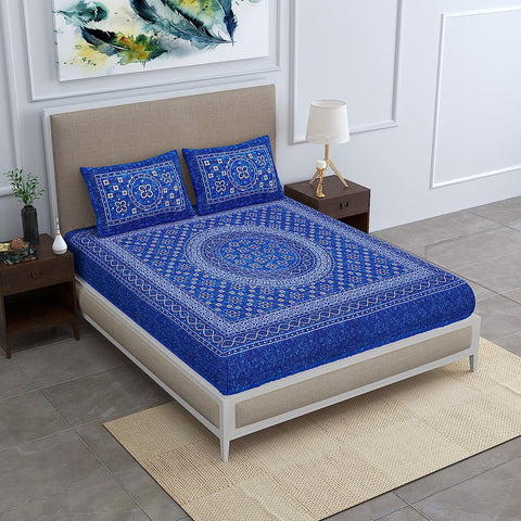 SheetKart Summer 144 TC 100% Cotton Double Bedsheet Jaipuri Printed with 2 Pillow Covers, Blue 