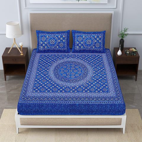 SheetKart Summer 144 TC 100% Cotton Double Bedsheet Jaipuri Printed with 2 Pillow Covers, Blue 