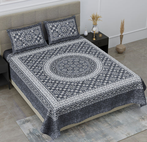 SheetKart Summer 144 TC 100% Cotton Double Bedsheet Jaipuri Printed with 2 Pillow Covers, Grey