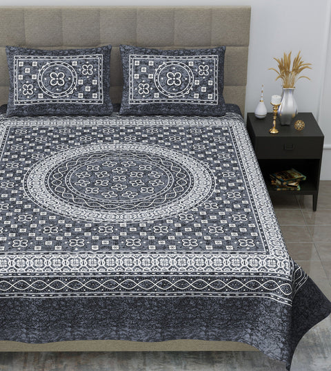 SheetKart Summer 144 TC 100% Cotton Double Bedsheet Jaipuri Printed with 2 Pillow Covers, Grey