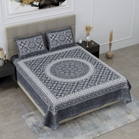 SheetKart Summer 144 TC 100% Cotton Double Bedsheet Jaipuri Printed with 2 Pillow Covers, Grey
