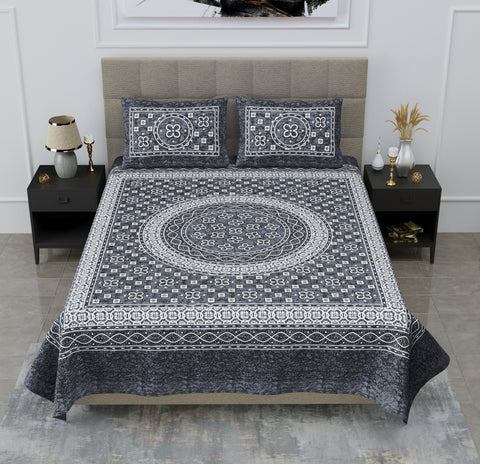 SheetKart Summer 144 TC 100% Cotton Double Bedsheet Jaipuri Printed with 2 Pillow Covers, Grey