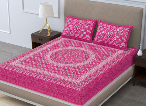 SheetKart Summer 144 TC 100% Cotton Bedsheet Jaipuri Printed with Pillow Covers (Pink)