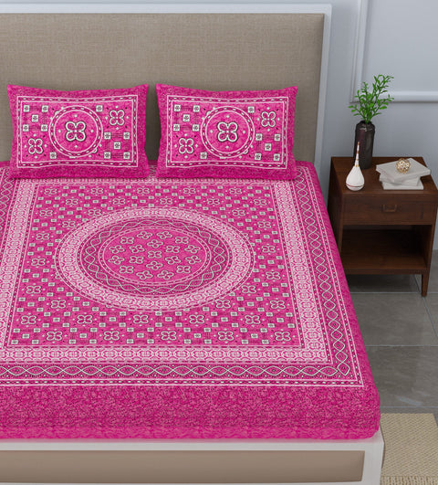 SheetKart Summer 144 TC 100% Cotton Bedsheet Jaipuri Printed with Pillow Covers (Pink)