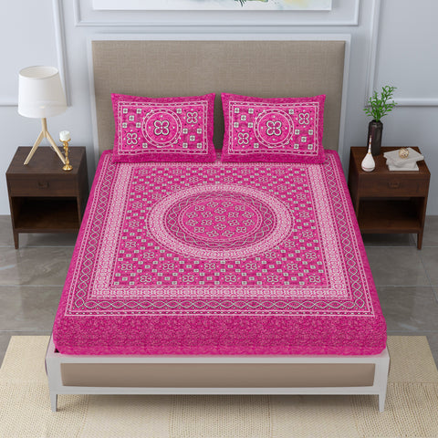 SheetKart Summer 144 TC 100% Cotton Bedsheet Jaipuri Printed with Pillow Covers (Pink)