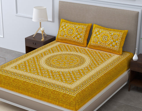 SheetKart Summer 144 TC 100% Cotton Bedsheet Jaipuri Printed with Pillow Covers (Yellow)