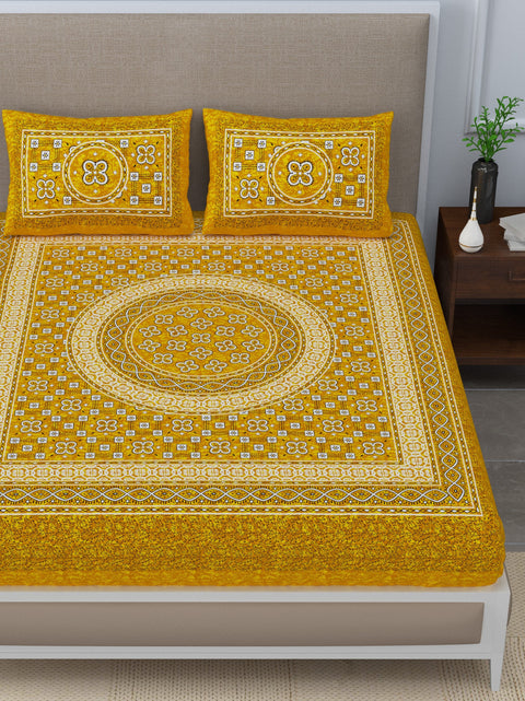 SheetKart Summer 144 TC 100% Cotton Bedsheet Jaipuri Printed with Pillow Covers (Yellow)